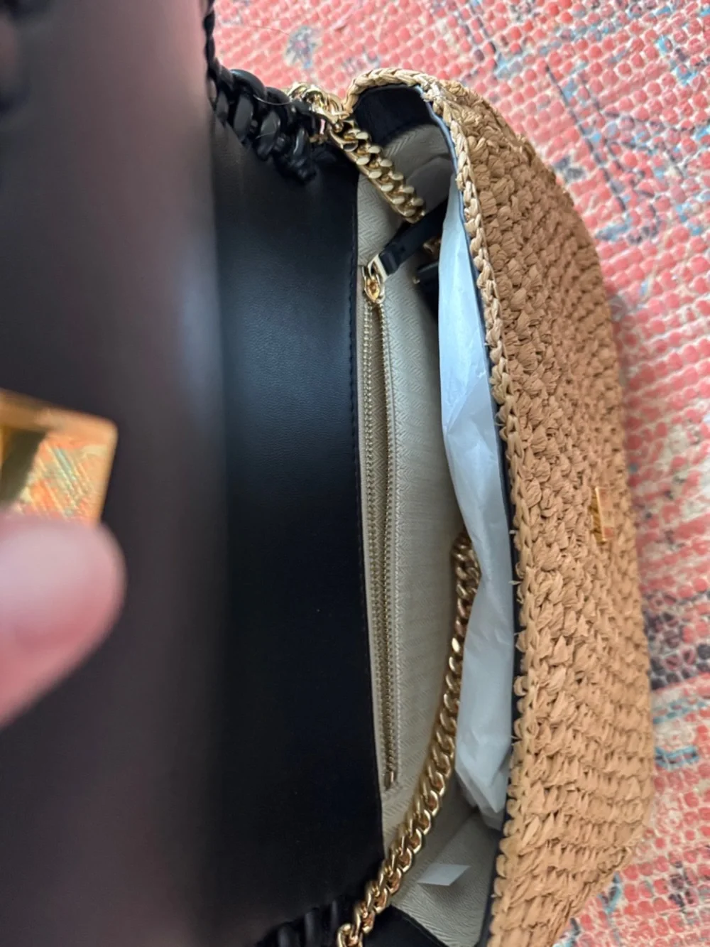 Tory Burch Woven Straw Shoulder Bag with Black Trim and Gold Chain Handle